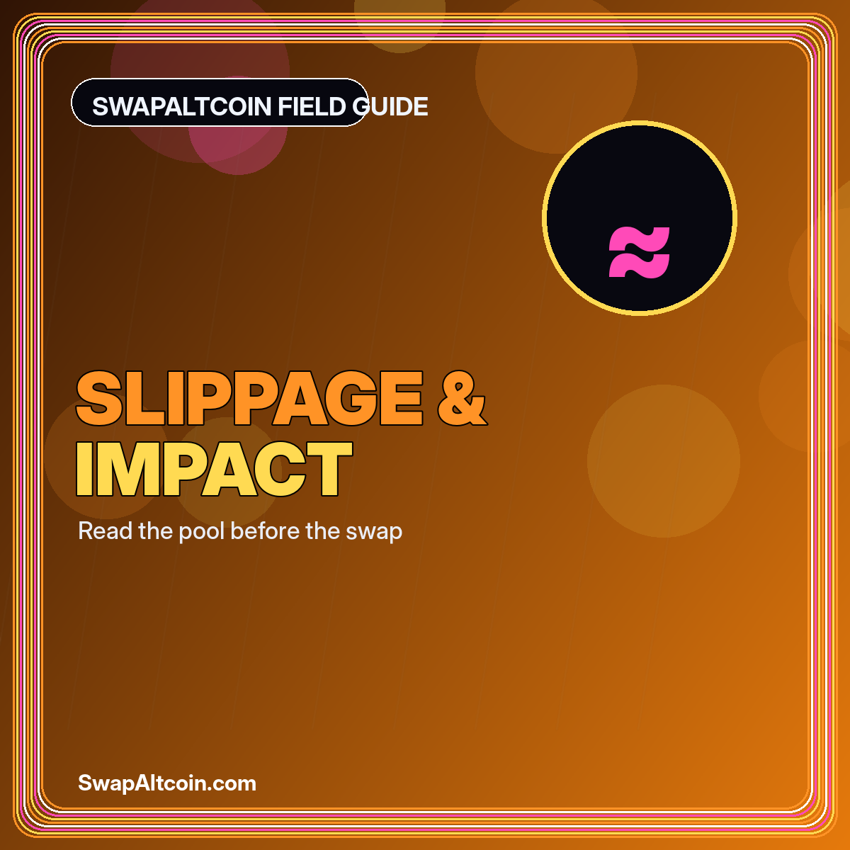 Neon typography card reading Slippage and Impact with a liquidity curve