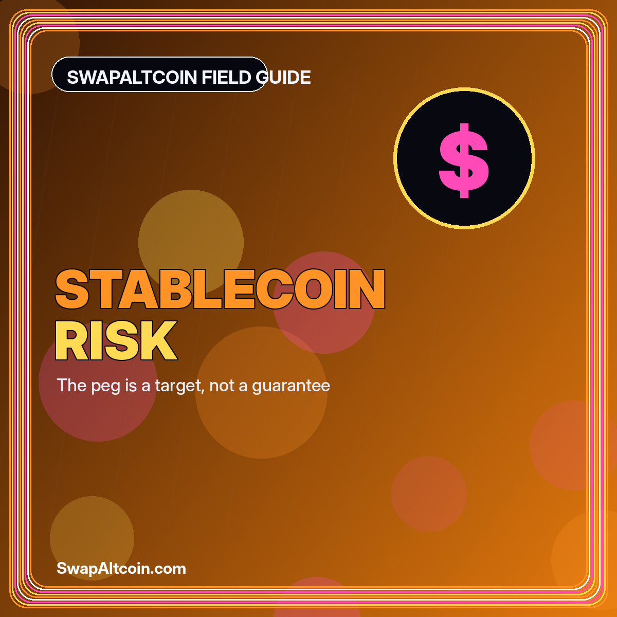 Neon typography card reading Stablecoin Risk with a tilted dollar token