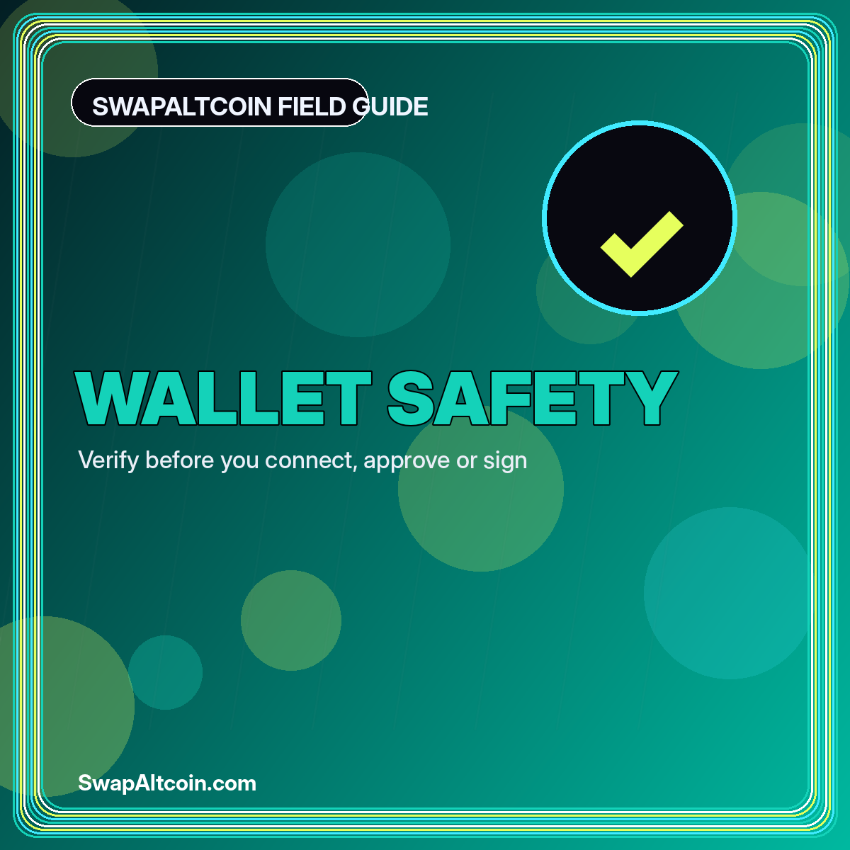 Neon typography card reading Wallet Safety with a shield and route arrows